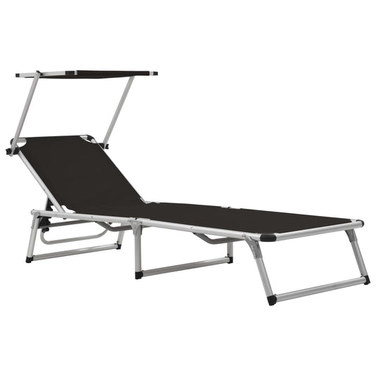 Chaise longue pliante avec protection solaire en aluminium et Textiline Noire