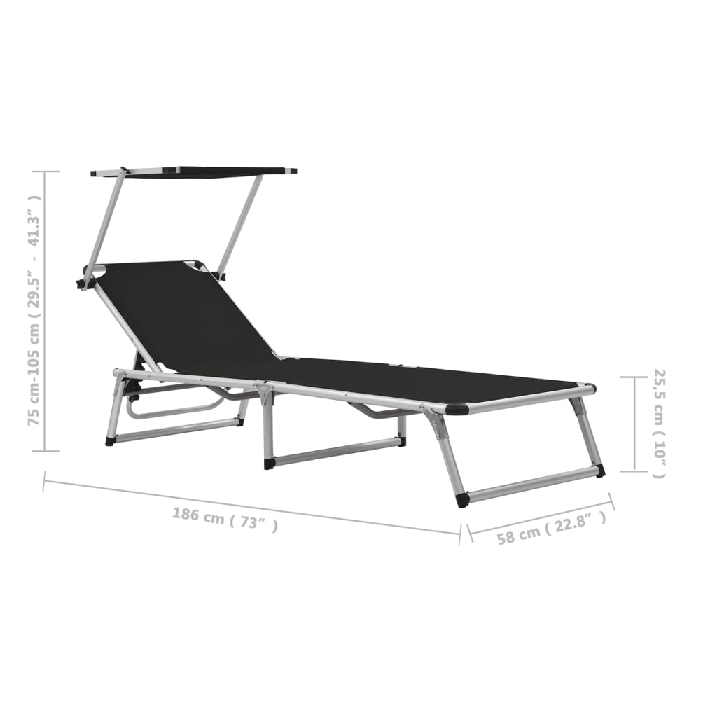 Chaise longue pliante avec protection solaire en aluminium et Textiline Noire