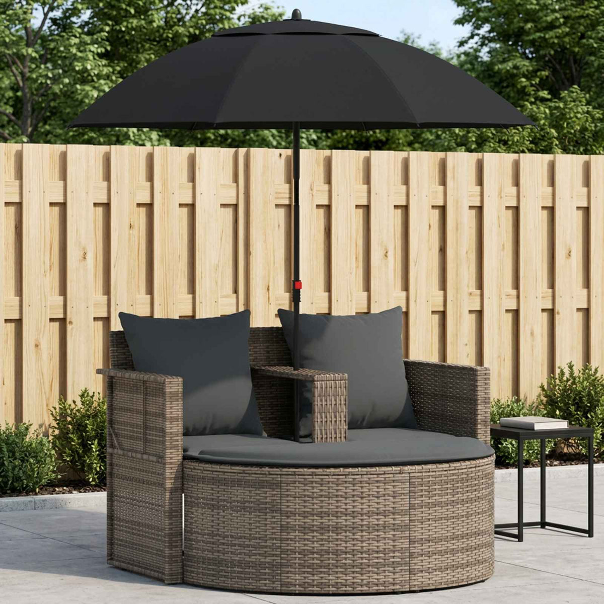 Gartenbett mit Sonnenschirm Grau Poly Rattan