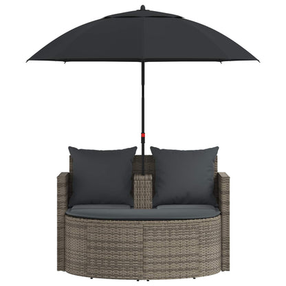 Gartenbett mit Sonnenschirm Grau Poly Rattan