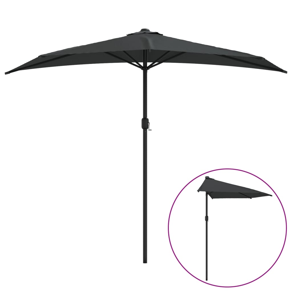 Parasol de balcon avec mât en aluminium anthracite 270x144 cm semi-circulaire