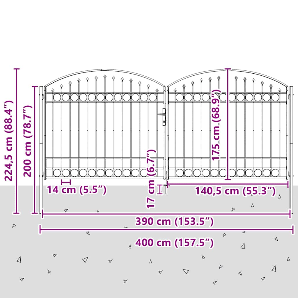 Zauntor Doppelflügel Gewölbte Spitze Stahl 400 x 175 cm Schwarz