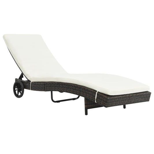 Bain de soleil à roulettes et coussin poly rotin marron