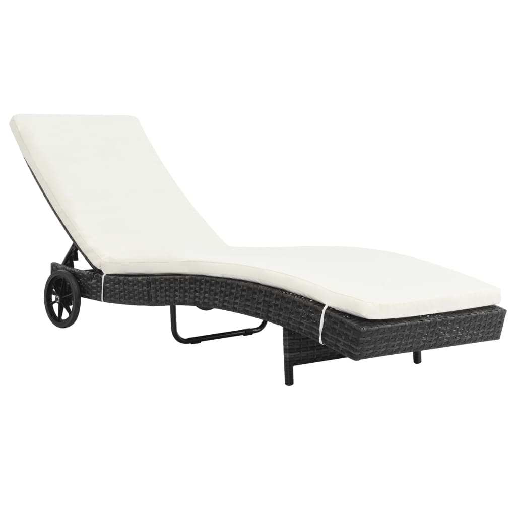 Bain de soleil à roulettes et coussin poly rotin noir