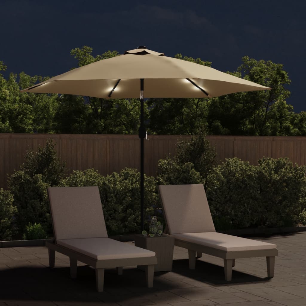 Parasol avec lumières LED et mât en acier 300 cm taupe