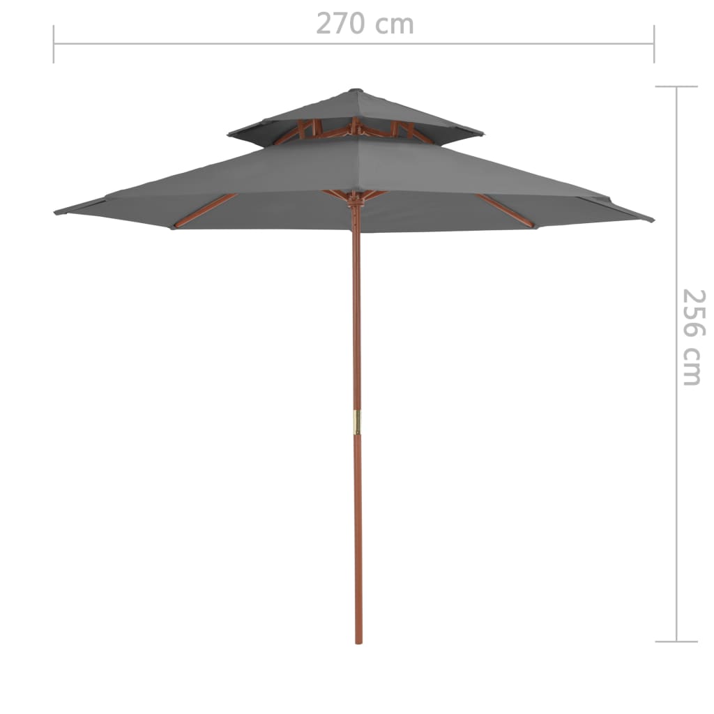 Parasol à double toit et mât en bois 270 cm anthracite