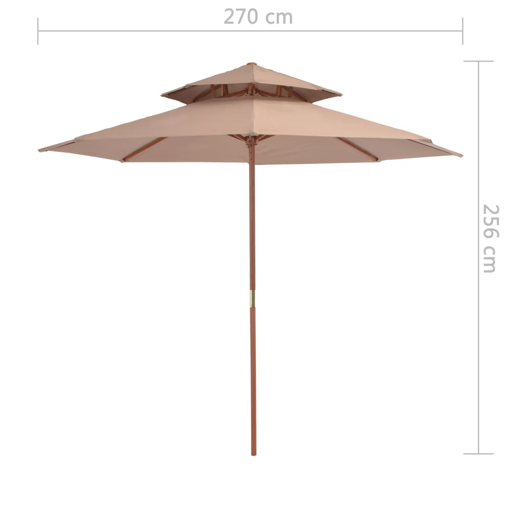 Parasol à double toit et mât en bois 270 cm taupe