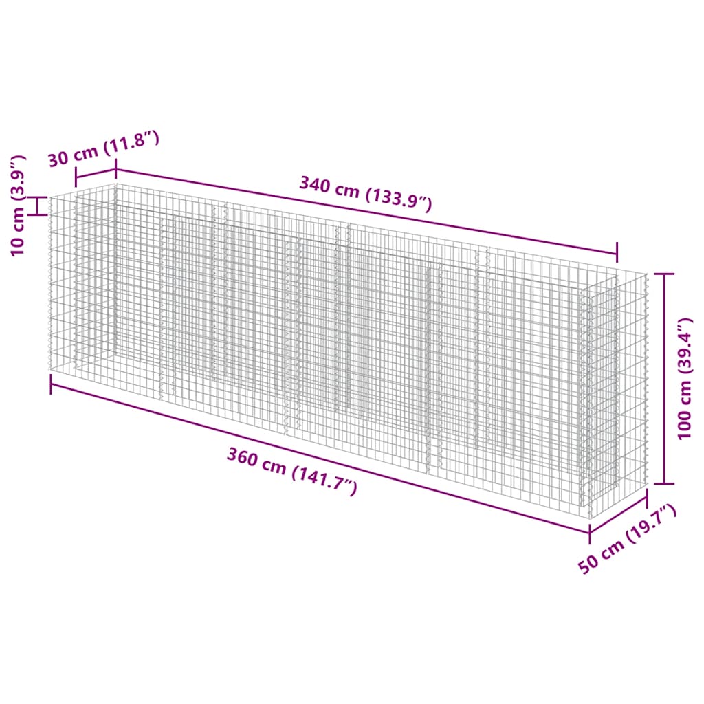 Gabionen-Hochbeet Verzinkter Stahl 360×50×100 cm