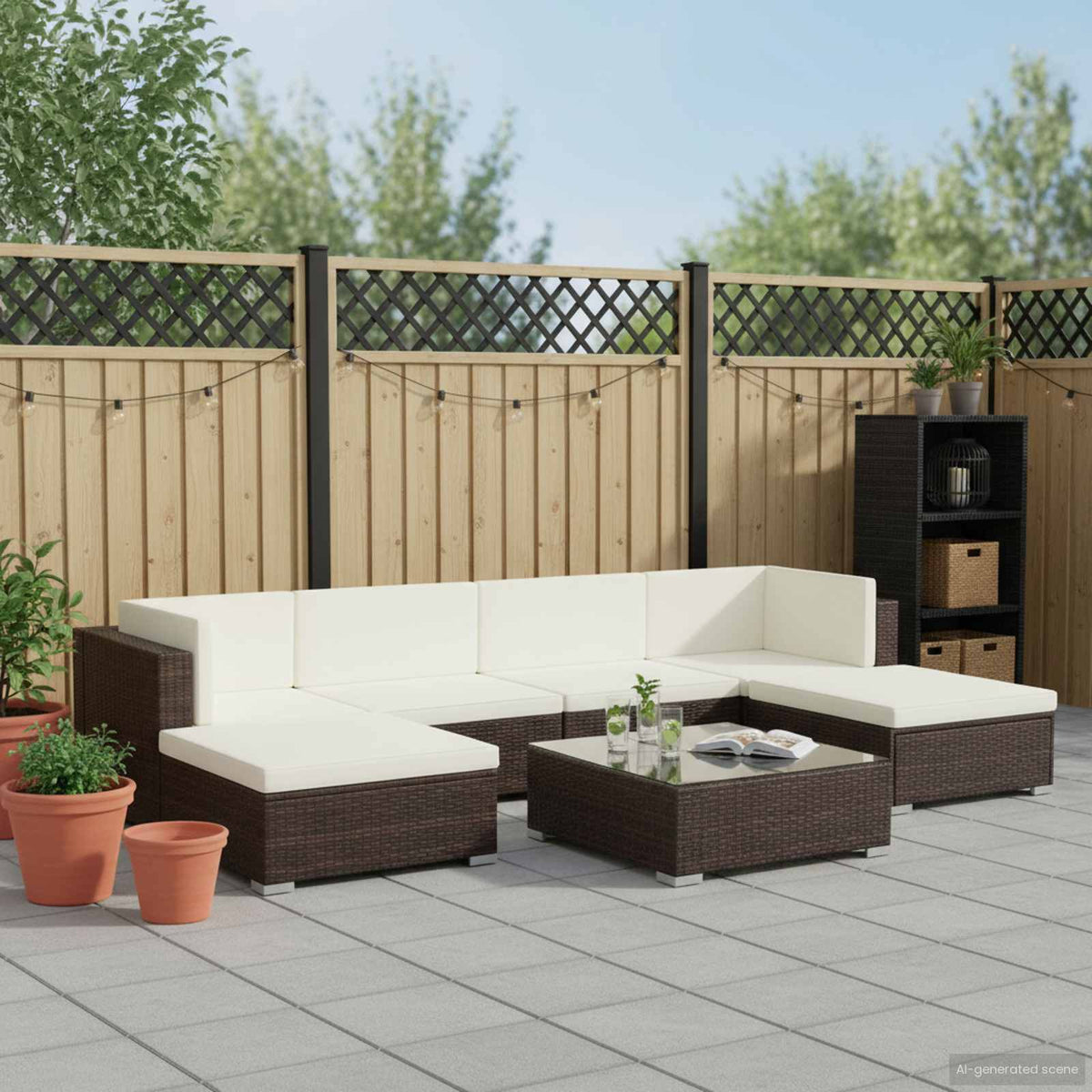 7-tlg. Garten-Lounge-Set mit Auflagen Poly Rattan Braun