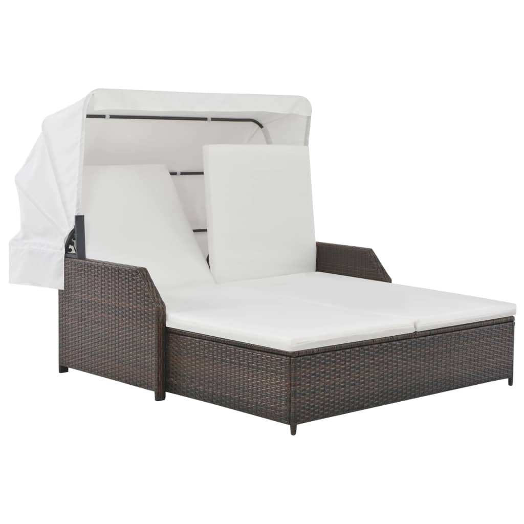 2-Personen-Sonnenliege mit Sonnendach Poly Rattan Braun
