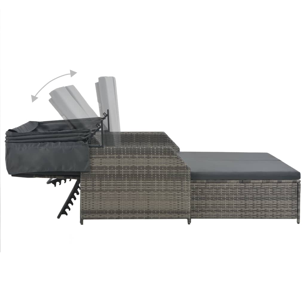 2-Personen-Sonnenliege mit Sonnendach Poly Rattan Grau