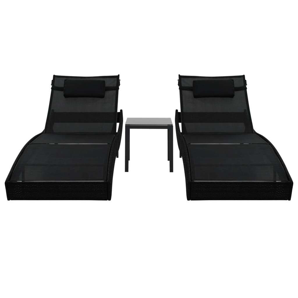 Bains de soleil 2 pcs avec table poly rotin et textilène noir