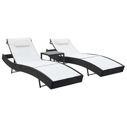 Bains de soleil 2 pcs avec table poly rotin et textilène noir