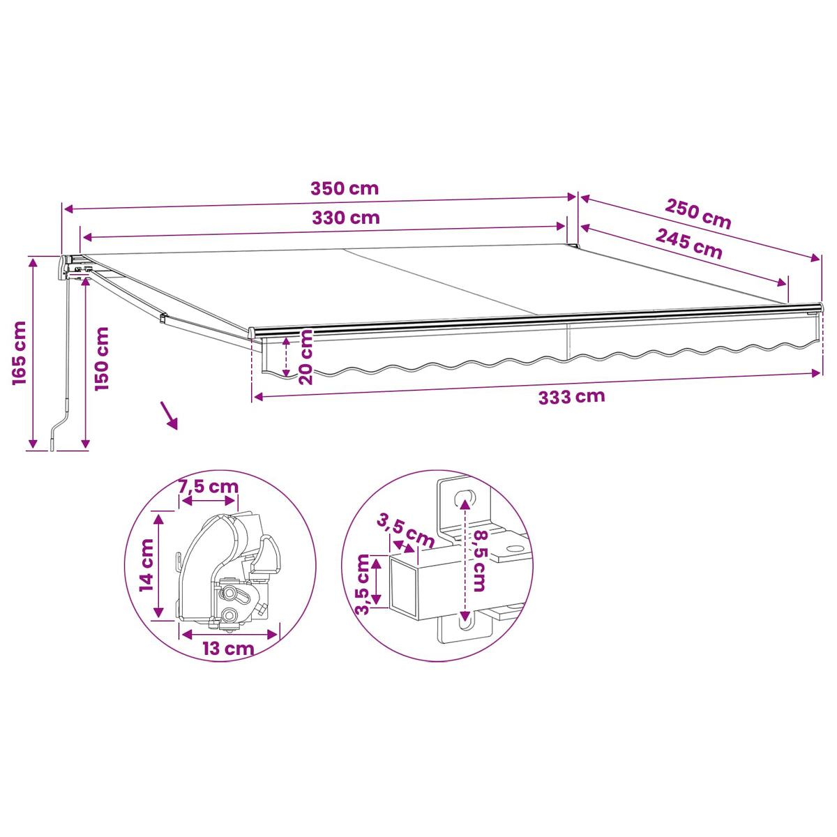 Gelenkarmmarkise 350 cm Blau/Weiß