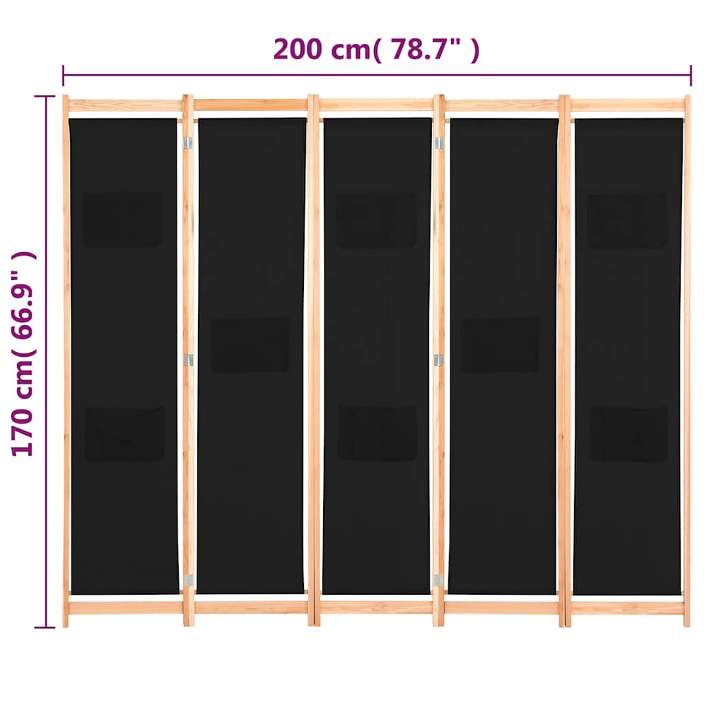 5-teiliger Raumteiler Schwarz 200 x 170 x 4 cm Stoff