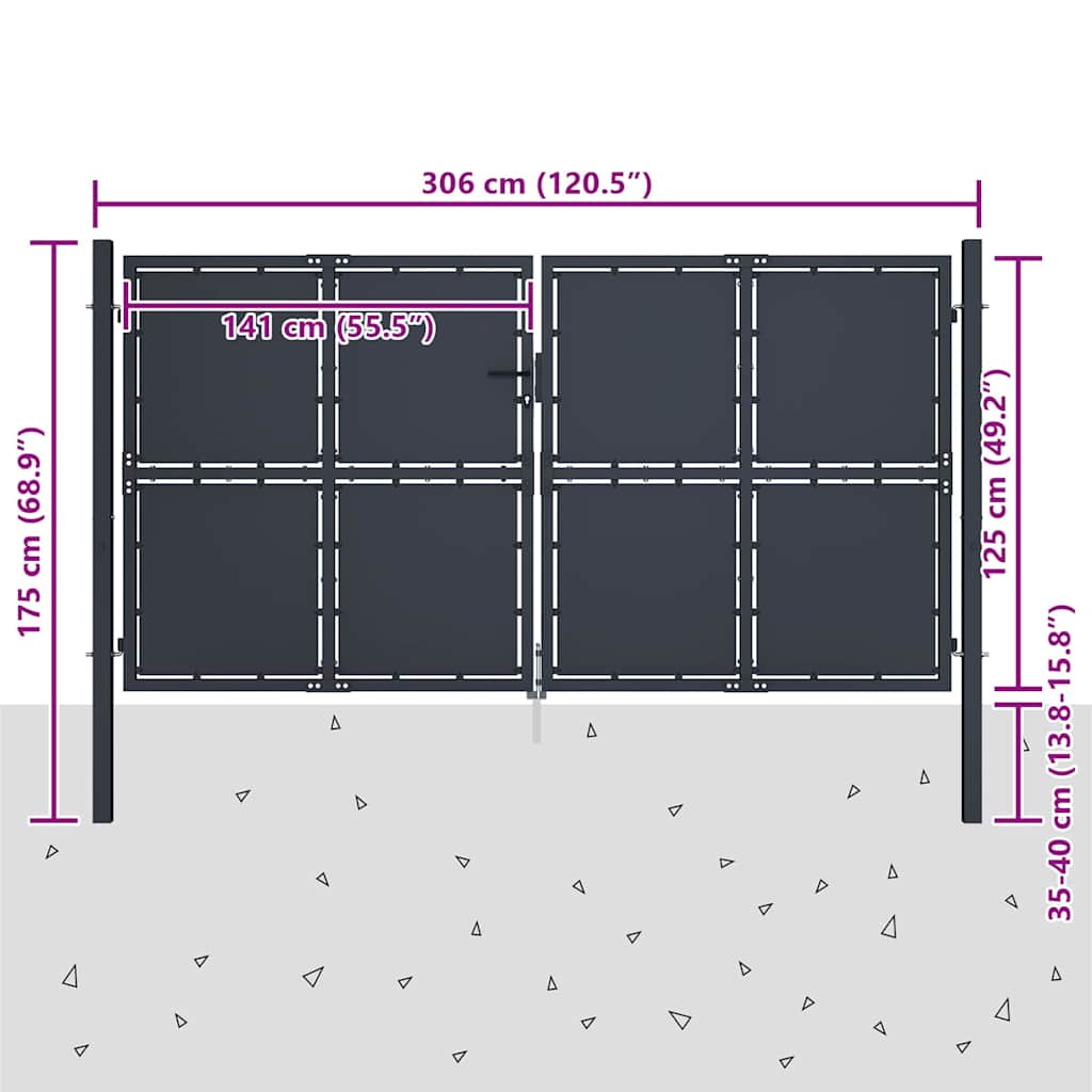 Gartentor aus Stahl 300 x 125 cm Anthrazit