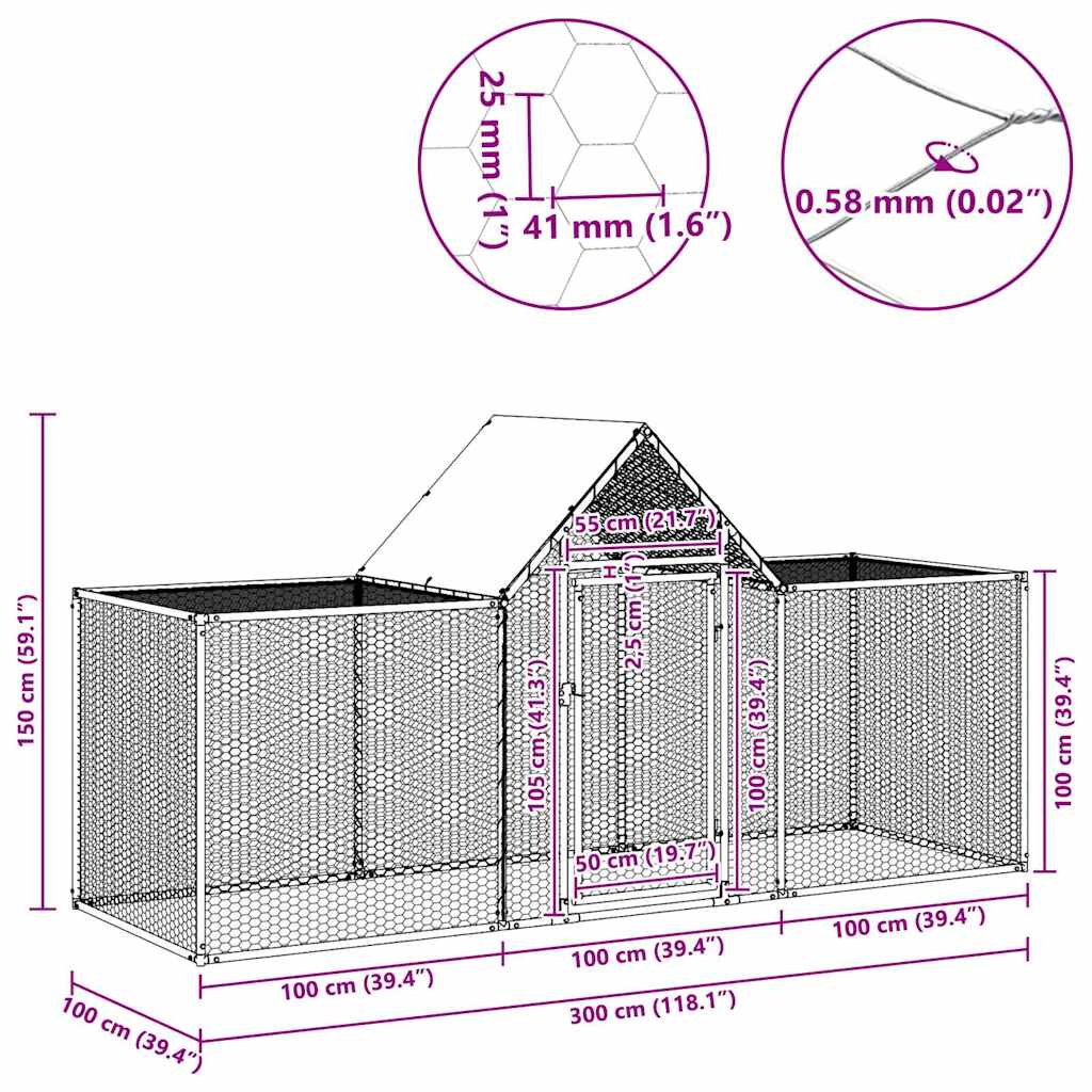 Hühnerstall 3x1x1,5 m Verzinkter Stahl