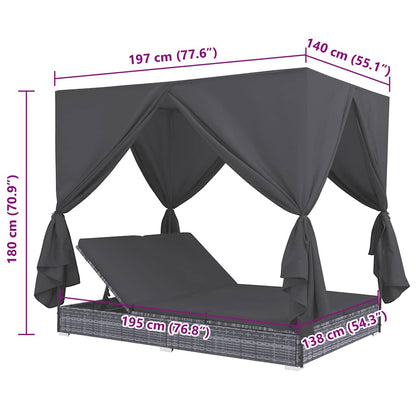 Outdoor-Lounge-Bett mit Vorhängen Poly Rattan Grau