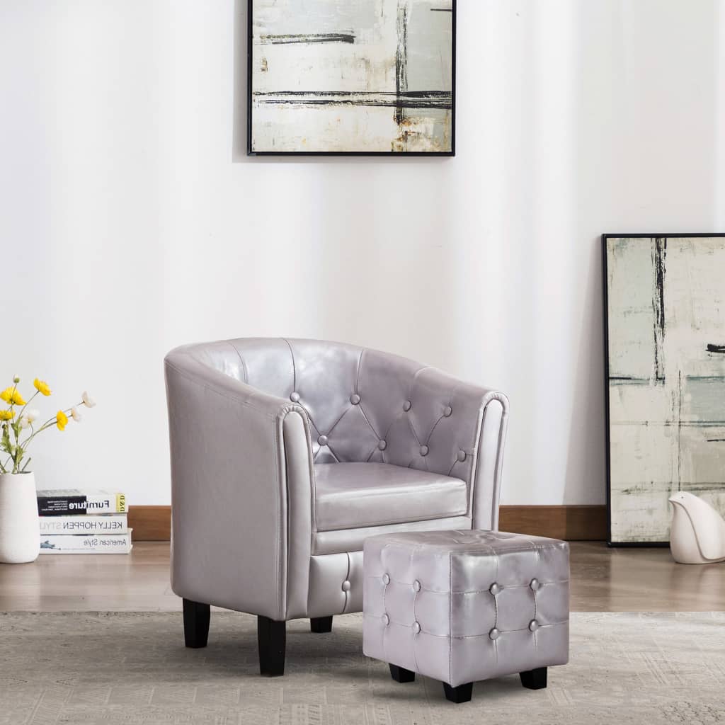 Clubsessel mit Hocker Silbern Kunstleder