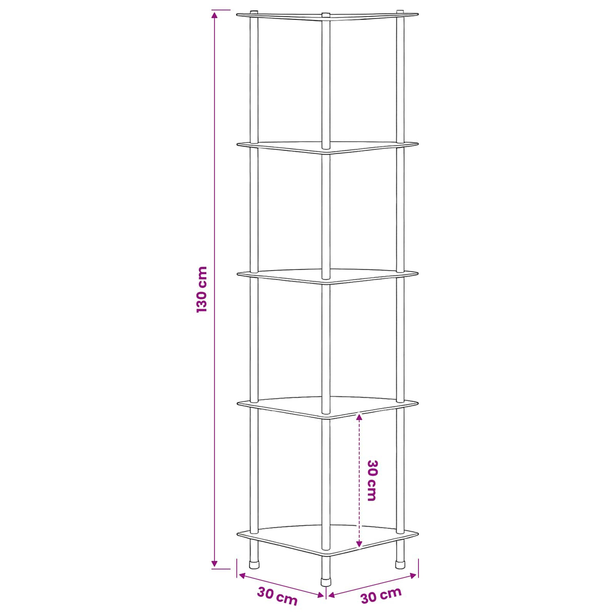 Regal mit 5 Ablagen Transparent 30x30x130 cm Hartglas