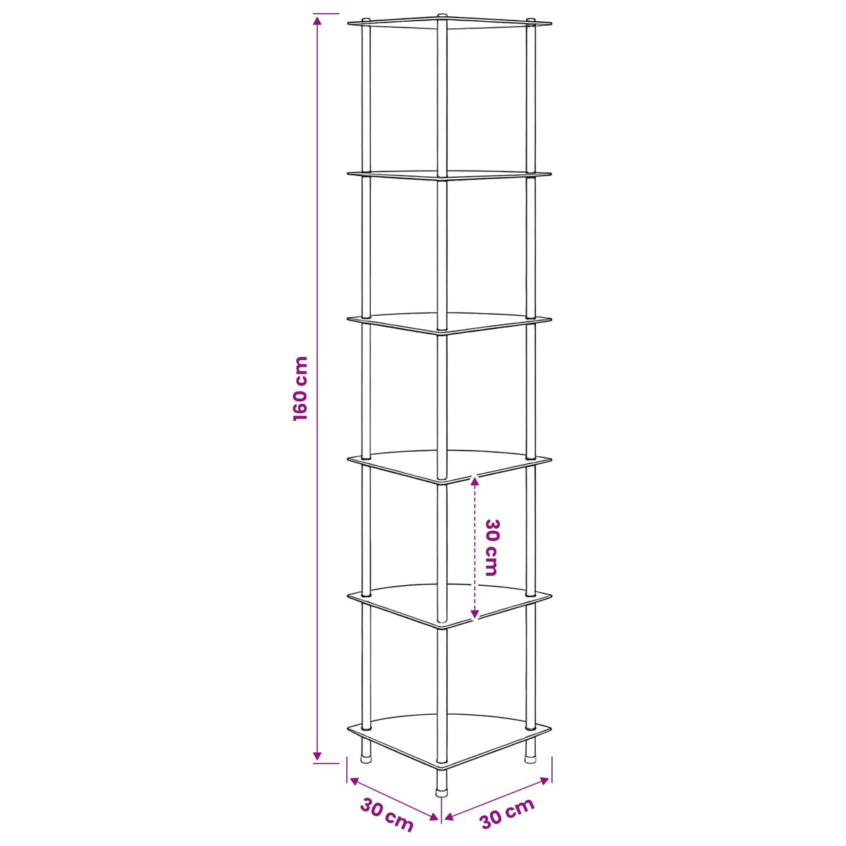 Regal mit 6 Ablagen Schwarz 30x30x160 cm Hartglas