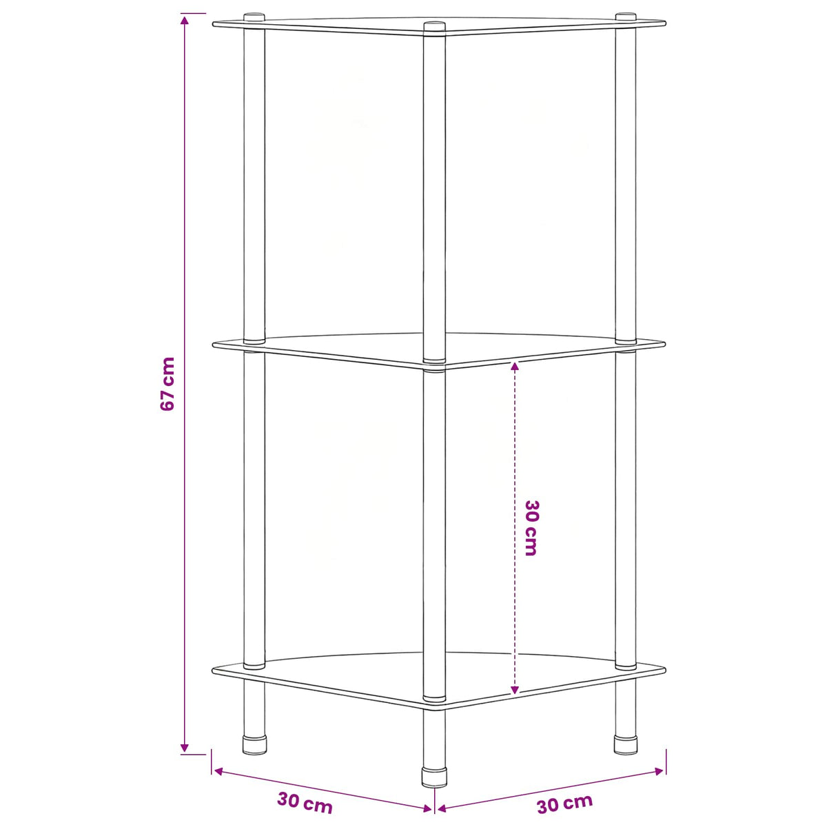 Regal mit 3 Ablagen Schwarz 30x30x67 cm Hartglas