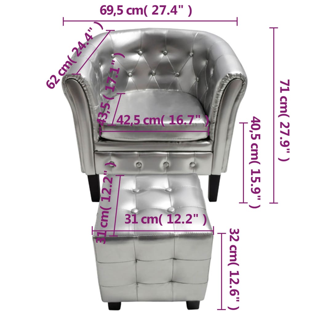 Sessel mit Fußhocker Silbern Kunstleder