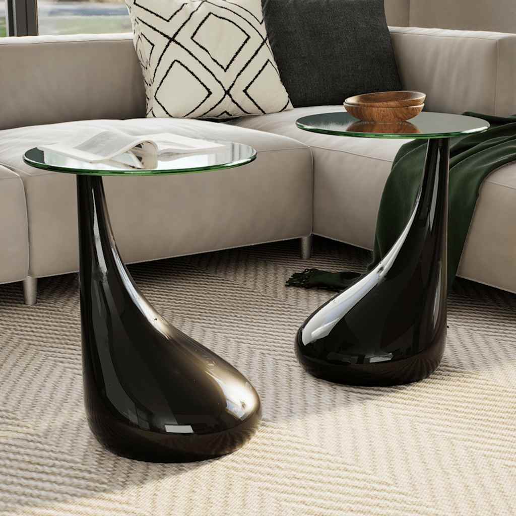 Coffee tables 2 pcs. with round glass top high gloss black