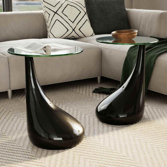 Coffee tables 2 pcs. with round glass top high gloss black