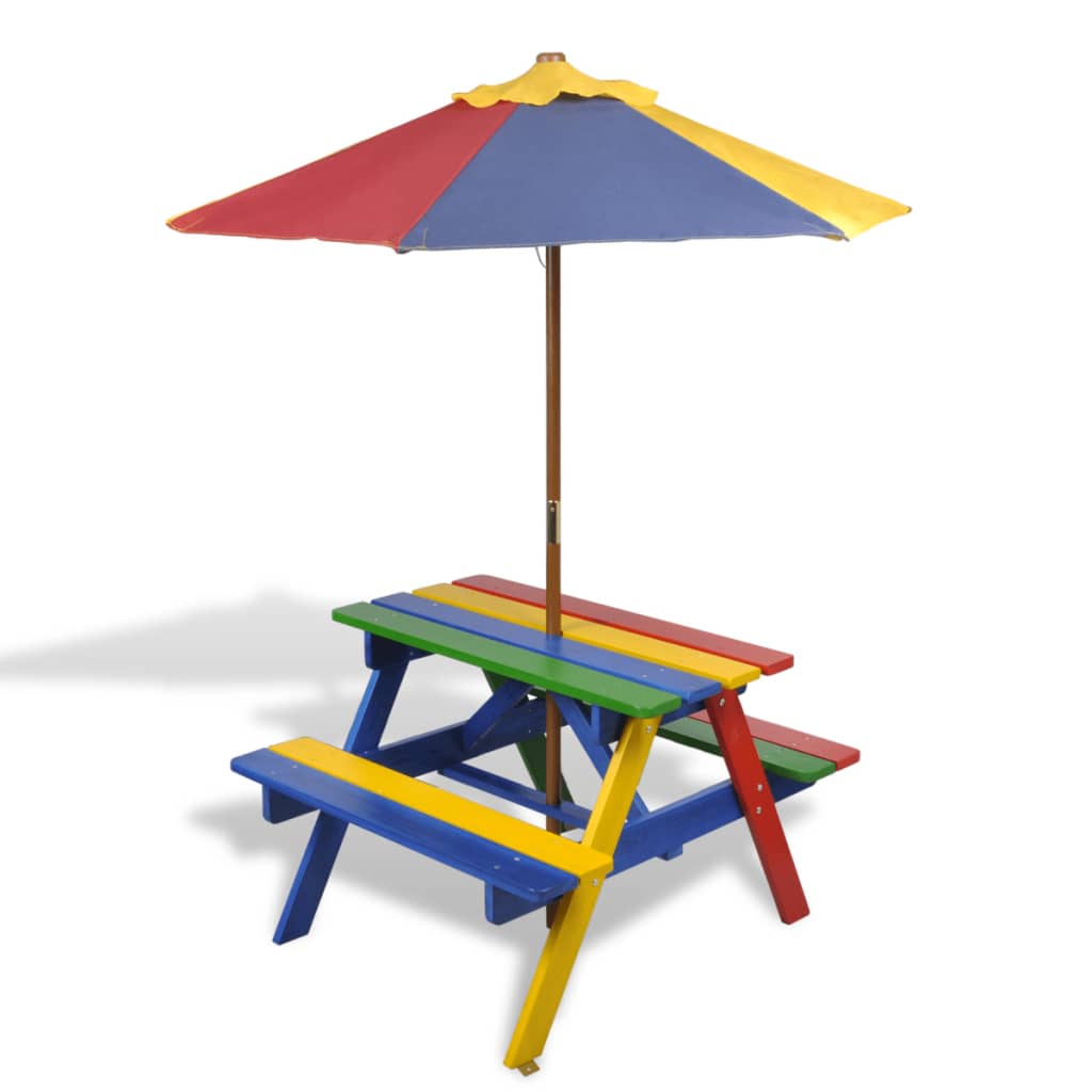 Table de pique-nique enfant avec bancs et parasol en bois multicolore