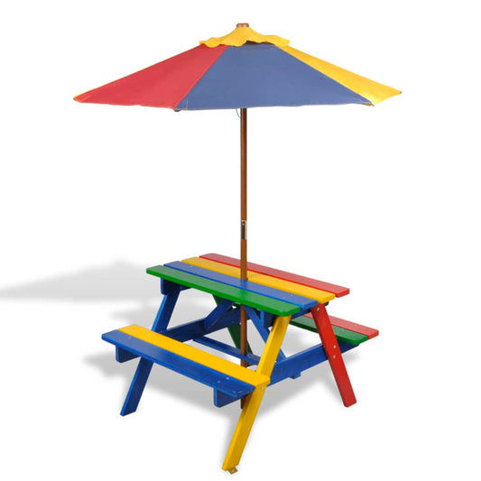 Table de pique-nique enfant avec bancs et parasol en bois multicolore