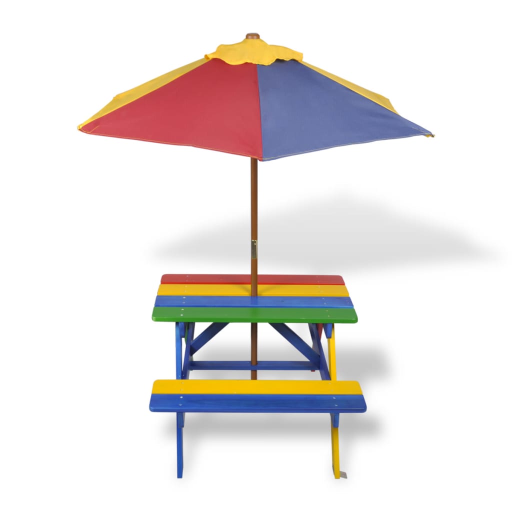 Table de pique-nique enfant avec bancs et parasol en bois multicolore