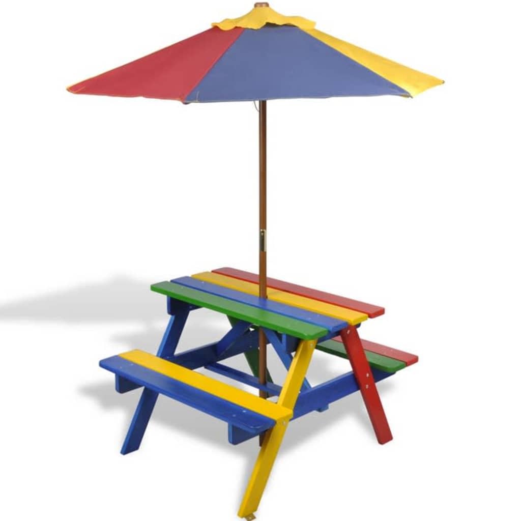 Table de pique-nique enfant avec bancs et parasol en bois multicolore