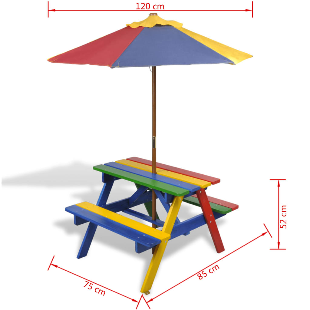 Table de pique-nique enfant avec bancs et parasol en bois multicolore