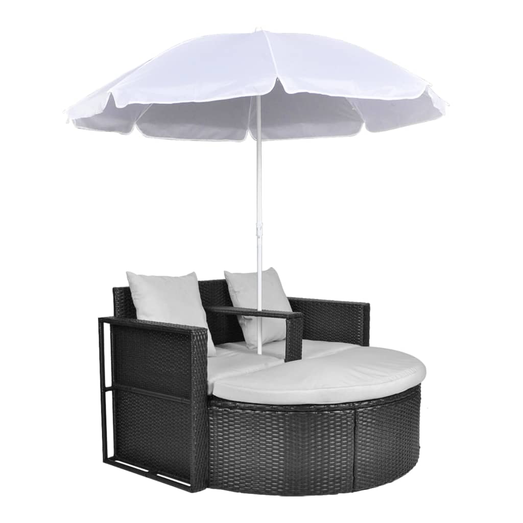 Lit de jardin avec parasol en poly rotin marron