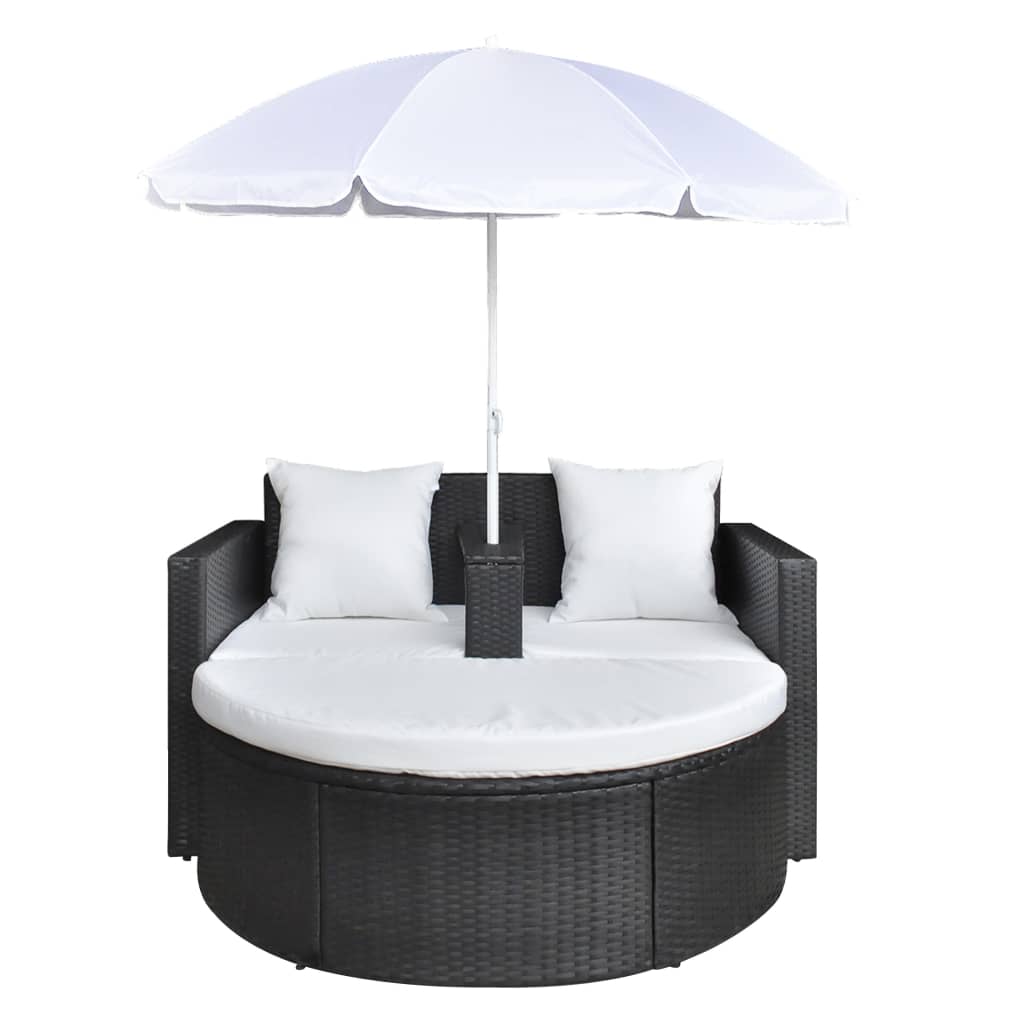 Lit de jardin avec parasol en poly rotin marron