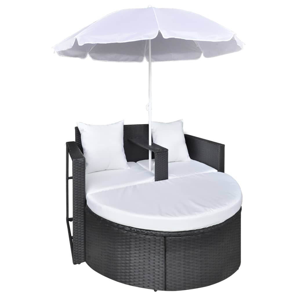 Lit de jardin avec parasol en poly rotin marron