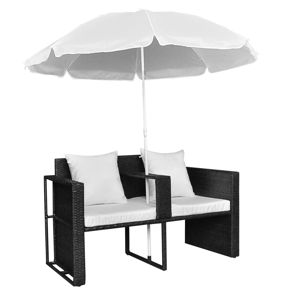 Lit de jardin avec parasol en poly rotin marron