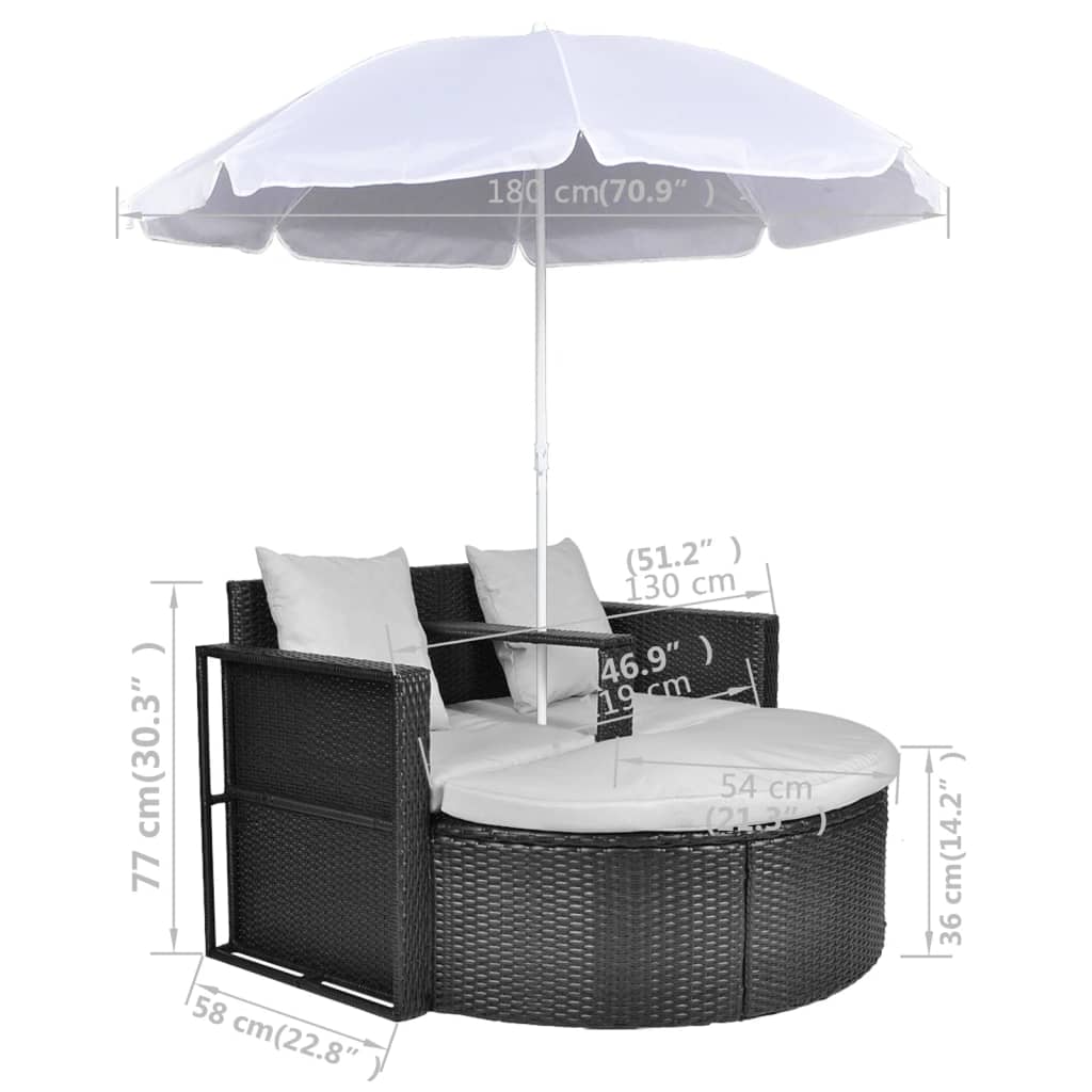 Lit de jardin avec parasol en poly rotin marron