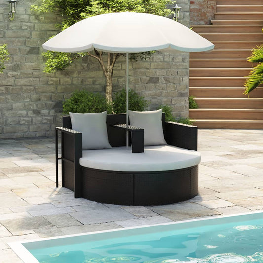 Lit de jardin avec parasol en poly rotin marron