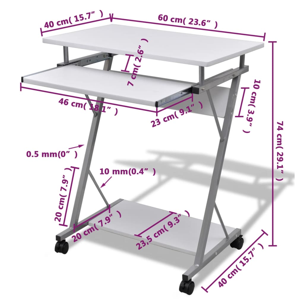 Table d'ordinateur, chariot d'ordinateur, table de bureau pour PC, ordinateur portable sur roulettes, blanc
