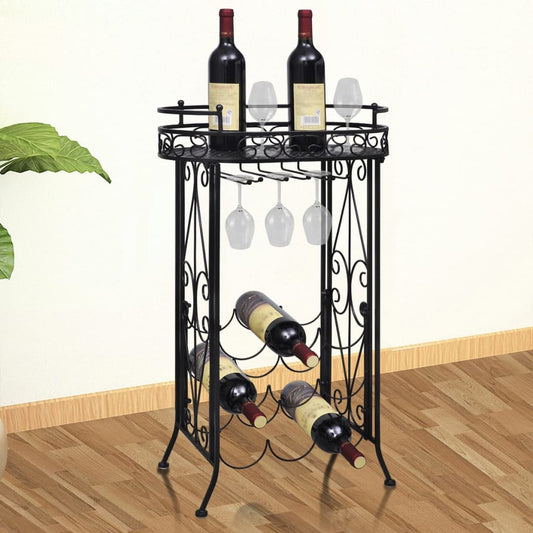 Casier à vin pour 9 bouteilles avec support pour verres à pied en métal