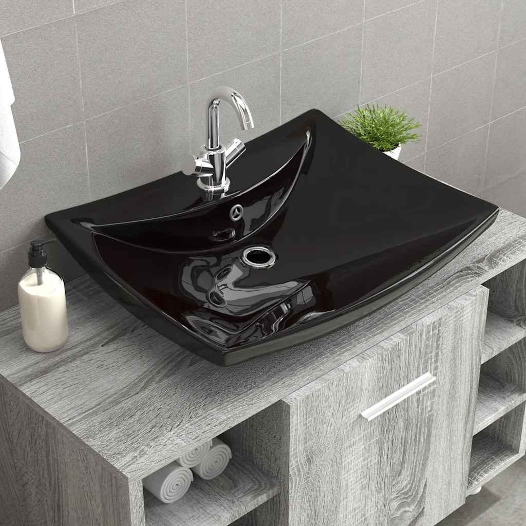 Luxuriöses Keramik-Waschbecken mit Überlauf & Hahnloch schwarz