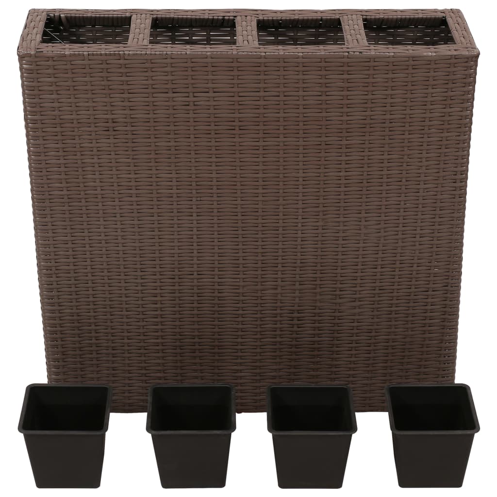 Plate-bande surélevée de jardin avec 4 pots en poly rotin marron