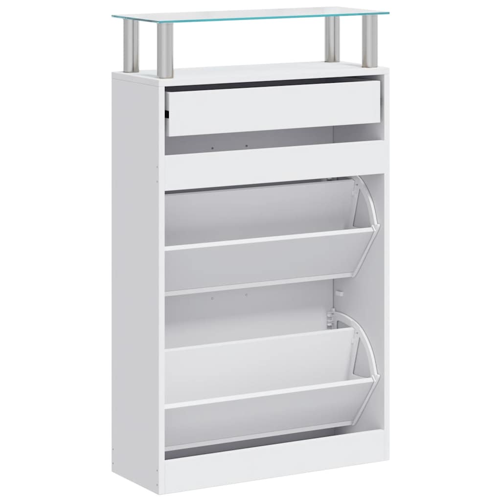 Schuhschrank mit Schubfach und oberem Glasregal Holz Weiß