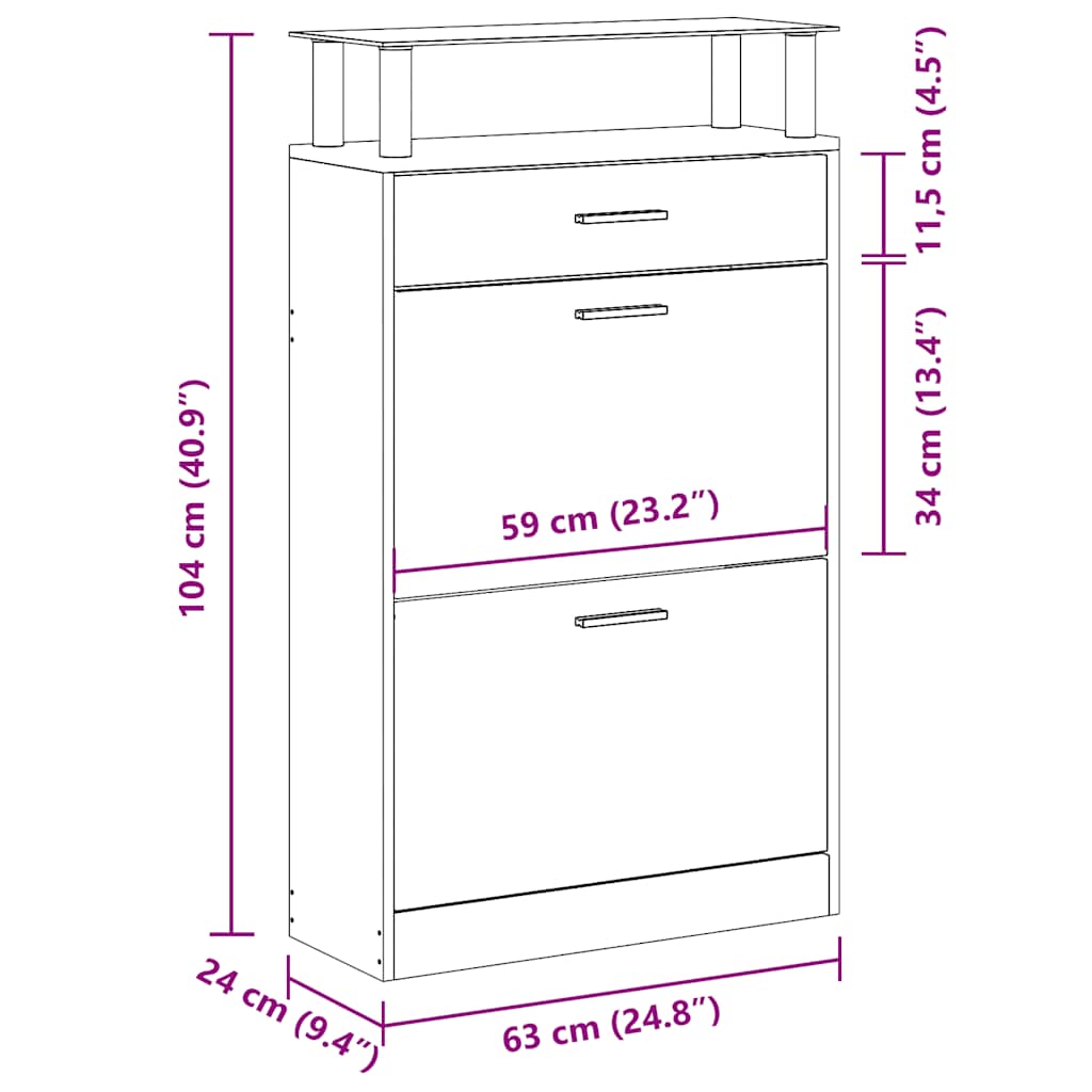 Schuhschrank mit Schubfach und oberem Glasregal Holz Weiß