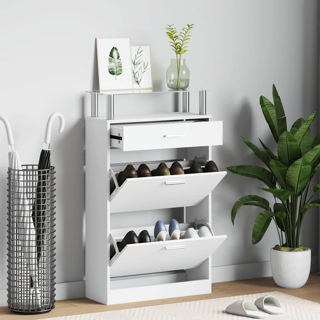 Schuhschrank mit Schubfach und oberem Glasregal Holz Weiß