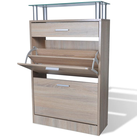 Meuble à chaussures avec tiroir et étagère supérieure en verre aspect chêne