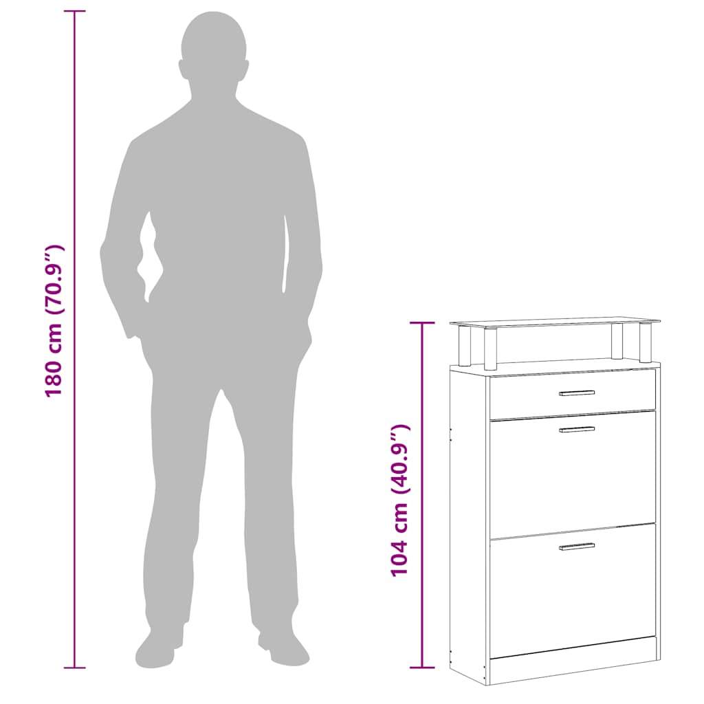 Schuhschrank mit Schubfach & oberes Glasregal Holz Eichenoptik