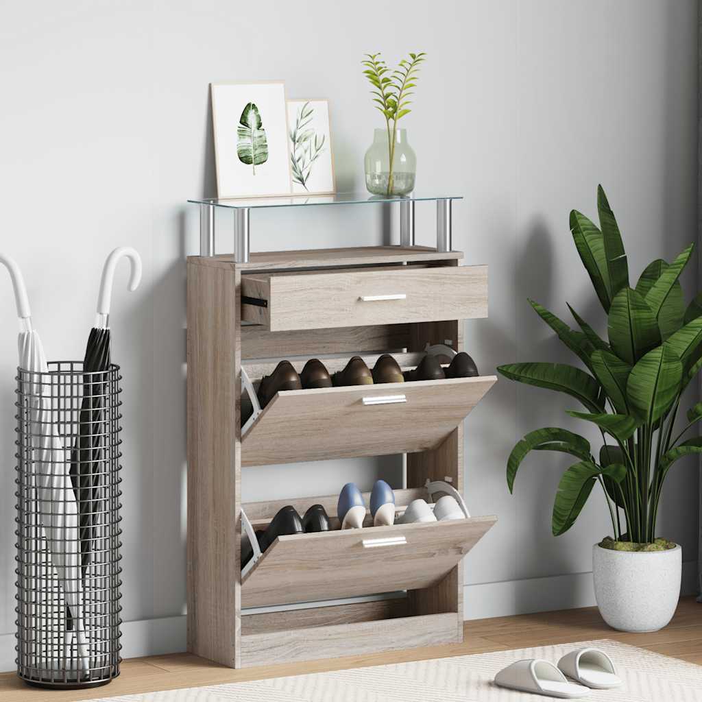 Schuhschrank mit Schubfach & oberes Glasregal Holz Eichenoptik
